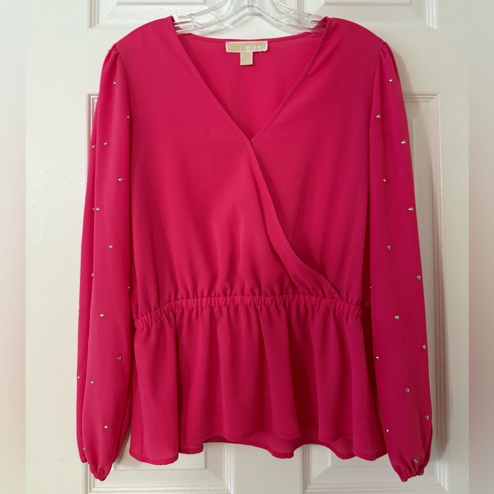 T169- Michael Kors Pink Blouse with Studded Sleeves